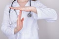 Stop panic concept. Cropped close up photo of nurse making showing timeout symbol isolated over grey background