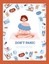 Woman relieving panic through meditation, cartoon vector illustration.