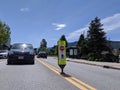 Stop for Pedestrians road sign on a bright, sunny day in the mountains Royalty Free Stock Photo