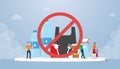 Stop plastic campaign with various bottles plastics and other with team people and ban symbol with modern flat style - vector