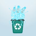 Stop plastic pollution, agitation poster.Ecological concept poster with funny cartoon character from crumpled plastic bottle. Sign