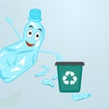 Stop plastic pollution, agitation poster.Ecological concept poster with funny cartoon character from crumpled plastic bottle. Sign