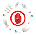 Stop plastic pollution, decomposition, trash. Negative concept template set with plastic around. Stop sign, red hand. No