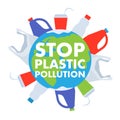 Stop plastic pollution poster with earth globe and plastic trash. Royalty Free Stock Photo