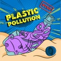 Stop Plastic Pollution warning pop-art concept image with an octopus trapped inside crumpled bottle, dying on the bottom