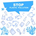 Stop pollution of water bodies with plastic containers. Underwater inhabitants and plastic in the pond.