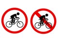 Stop or prohibit sign with cyclist icon isolated on white background.Cycling is prohibited sign, symbol.Cycling is not allowed. Royalty Free Stock Photo