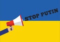 STOP PUTIN announcement megaphone simple vector illustration on a Ukrainian flag