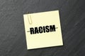 Stop racism concept. Note with strikethrough word on dark grey textured background, top view Royalty Free Stock Photo