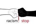 Stop racism concept, two hands black and white and blood drop in the middle with text stop racism, minimalist poster,