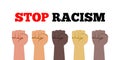 Stop racism fist hands with various skin colors vector illustration