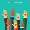 Stop racism icon. Motivational poster against racism and discrimination. Many hands up, rised hands of different races together ve Royalty Free Stock Photo
