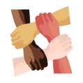 Stop racism icon. Motivational poster against racism and discrimination. Many handprint of different races together. Vector