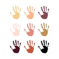 Stop racism icon. Motivational poster against racism and discrimination. Many handprint of different races together. Vector