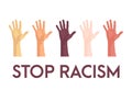 Stop racism icon. Motivational poster against racism and discrimination. Many handprint of different races together. Vector