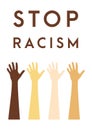 stop racism icon. Motivational poster against racism and discrimination. Many hands of different races together Vector