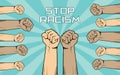 Stop racism illustration with a lot of people hand show fights against it with diversity skin color