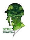 Stop rainforest deforestation poster, banner template. Vector paper cut green jungle plants, animals inside of man head. Royalty Free Stock Photo