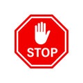 Stop red road sign. Vector isolated illustration. Red vector sign with hand symbol isolated on white background Royalty Free Stock Photo