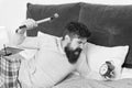 Stop ringing. bearded man hipster want to sleep. hate noise of alarm clock. Stages of sleep. Man awake unhappy with