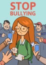 Stop school bullying poster. Phones and fingers pointing at schoolgirl surrounded by laughing bullies. Colored flat