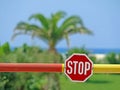 Stop sign on the barrier with palm tree, blue sky and sea in the background, concept of travel cancellation Royalty Free Stock Photo