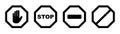 Stop sign. Black forbidden symbol. Stop octagon in black. No entry sign. Restriction hand symbol. No way icon. Square stop warn.