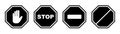 Stop sign. Black forbidden symbol. Stop octagon in black. No entry sign. Restriction hand symbol. No way icon. Square stop warn.