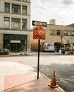 Stop sign and buildings in downtown Johnstown, Pennsylvania