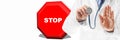 Stop sign and doctor hand doing prohibition sign. Doctor warning about diseases. Health care. Royalty Free Stock Photo