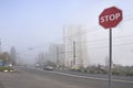 A stop sign facing the road with fog Royalty Free Stock Photo