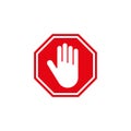 Stop sign. A forbidding sign with a man`s hand in a red octagon. Simple vector illustration on a white background