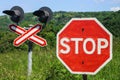 Stop sign in front of a railway crossing Royalty Free Stock Photo