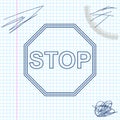 Stop sign line sketch icon isolated on white background. Traffic regulatory warning stop symbol. Vector Illustration. Royalty Free Stock Photo