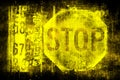 Stop sign on old grungy wall. Symbol of stop motion. Monochrome yellow black illustration