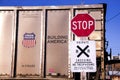 St Louis, Missouri, United States - circa 2015 - Stop Sign Railroad Crossing No Trespassing Union Pacific Train Royalty Free Stock Photo