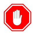 Stop sign. Red prohibitive sign with human hand in the shape of an octagon. Stop the gesture with your hand, do not enter, it is