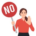 Stop sign and rejection concept. Young serious woman cartoon character standing with red sign stop in hands and showing her palm