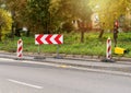 Stop sign on the road. Road closed sign. Construction, renovation of the road in the city. Royalty Free Stock Photo