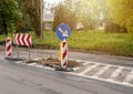 Stop sign on the road. Road closed sign. Construction, renovation of the road in the city. Royalty Free Stock Photo