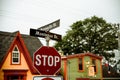 Stop sign and street indicators at crossroad, Montague Street, Lunenburg Old Town