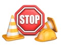 Stop sign, traffic cones and safety helmet 3D Royalty Free Stock Photo