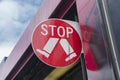 Stop sign on a tram