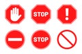 Stop signs collection. Red stop signs in octagon and round shape. Traffic warning and prohibiting icons with hand, text and