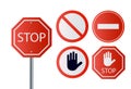 Stop signs collection in red and white, traffic sign to notify drivers and provide safe and orderly street operation. Royalty Free Stock Photo