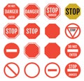Stop signs in red, white and yellow, traffic sign to notify drivers and provide safe and orderly street and dor operation.