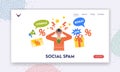 Stop Social Spam Landing Page Template. Disturbed Man Character Confused by Excessive Promotional Offers, Cashback