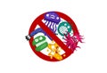 Stop spread virus sign. Cartoon germ characters isolated vector eps illustration on white background. Cute fly bacteria