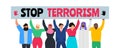 Stop terrorism group of multicultural multiracial people holding banner placard