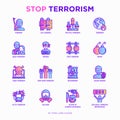 Stop terrorism thin line icons set: terrorist, civil disorder, national army, hostage, bombs, cyber attacks, suicide, bomber, Royalty Free Stock Photo
